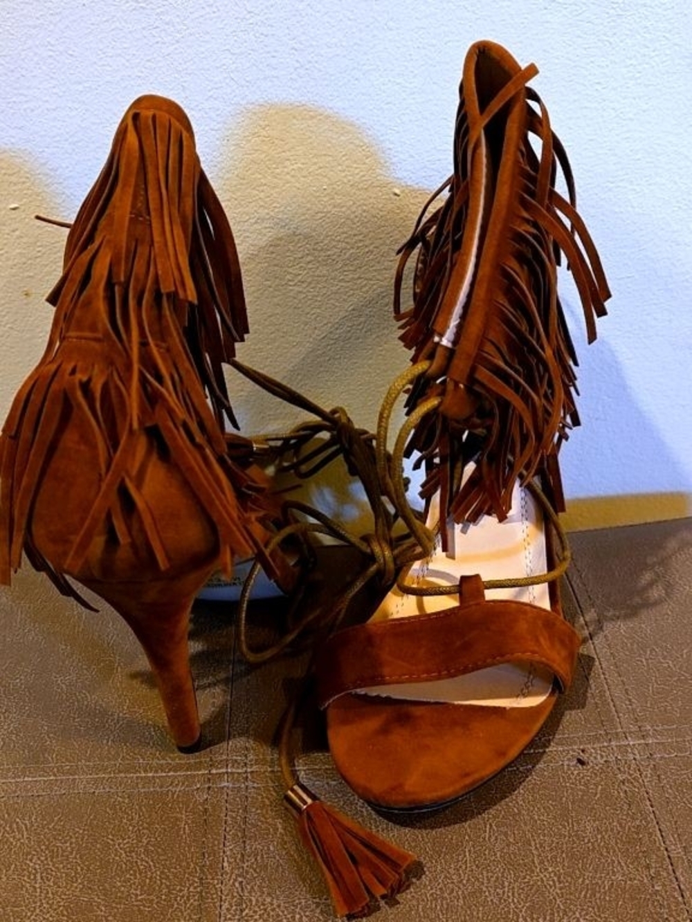 Fringed Lace-Up Women's Heeled Sandals in Brown